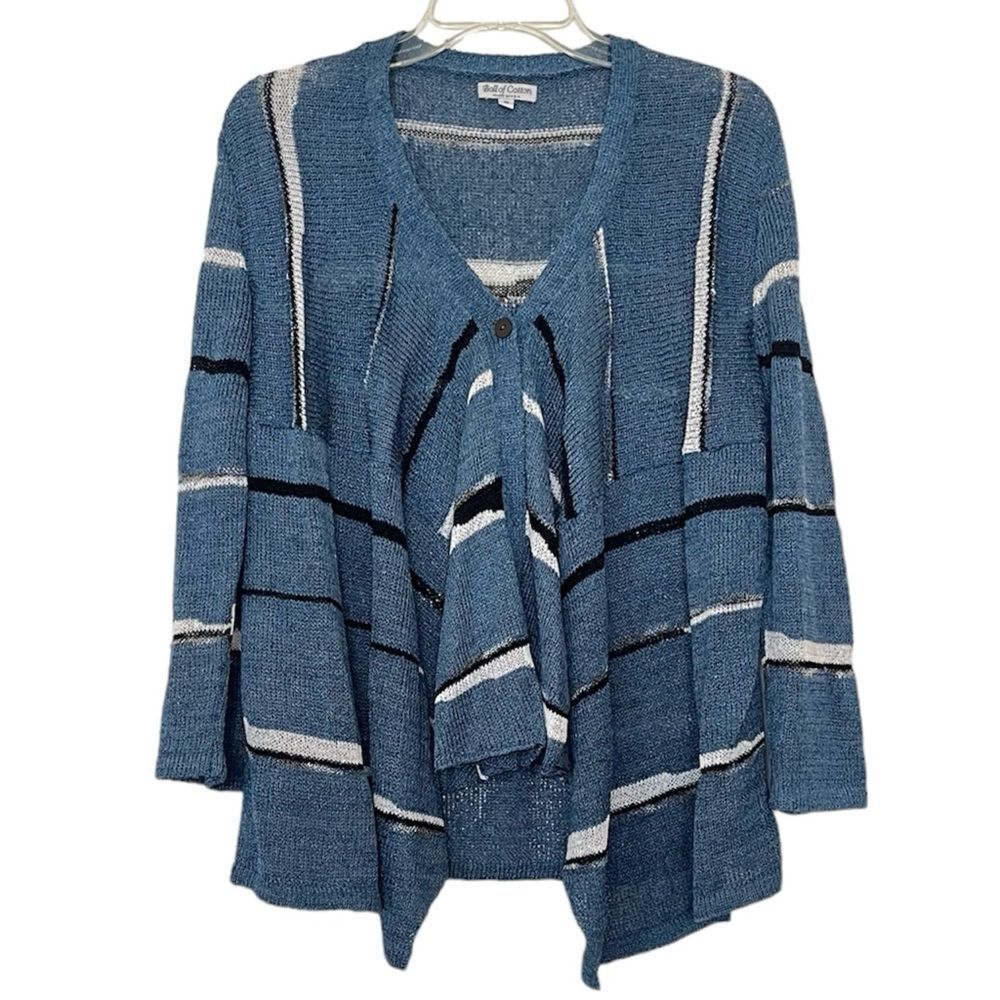 Ball Of Cotton Cozy Cardigan Sweater Linen Blend Waterfall Open Front Blue Small